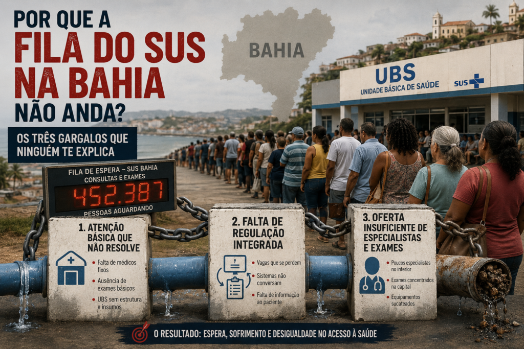 Entenda por que a fila do SUS na Bahia continua travada. Conheça os três gargalos reais que impedem o acesso à saúde pública e o que pode ser feito para mudar isso.