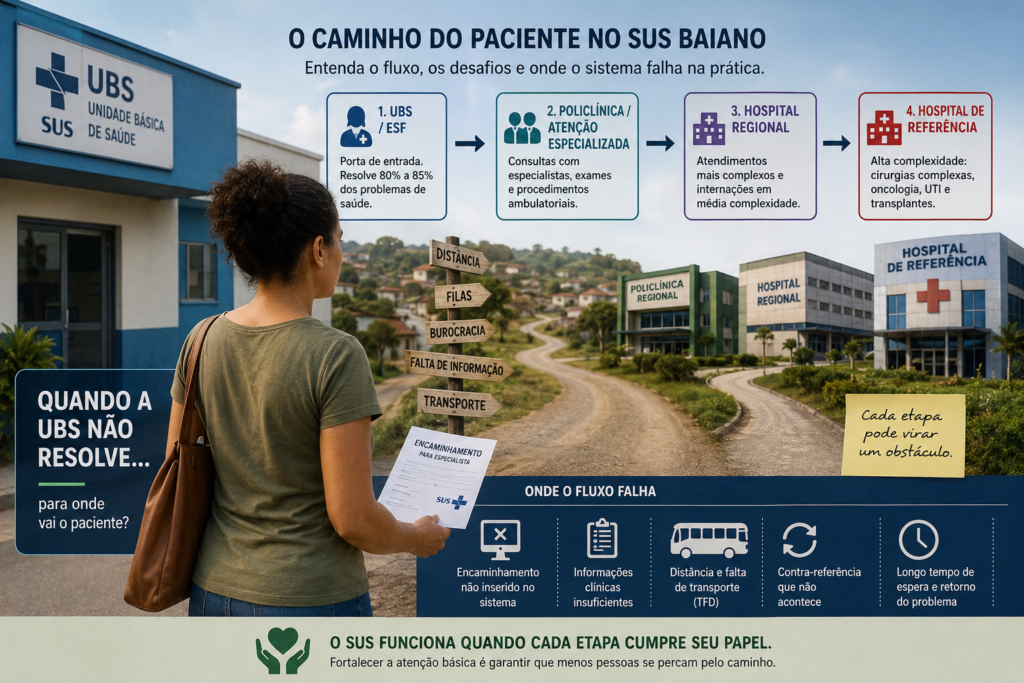 Quando a UBS não resolve Bahia, o paciente enfrenta filas, encaminhamentos falhos e longas distâncias. Entenda o fluxo oficial do SUS e onde ele falha na prática.