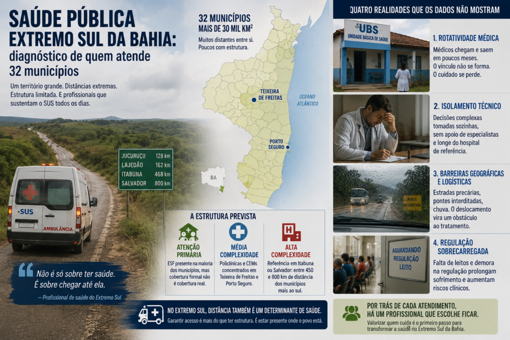 Saúde pública no Extremo Sul da Bahia é, antes de qualquer política, uma questão de território. A região reúne 32 municípios espalhados por mais de 30 mil quilômetros quadrados. Saúde pública no Extremo Sul da Bahia: diagnóstico de quem atende 32 municípios é um desafio complexo e requer atenção especial. A densidade demográfica é baixa, as estradas estaduais apresentam conservação precária e, em alguns municípios, o hospital mais próximo fica a três horas de carro  isso quando não está chovendo. Atender esse território exige uma rede que, no papel, existe. Na prática, porém, ela acumula lacunas que nenhuma estatística estadual esconde de quem trabalha dentro dela.