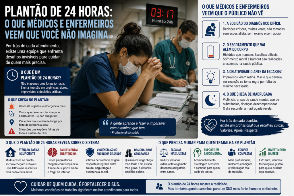 São 3 da manhã. A sala de espera ainda está cheia. Uma criança chora no colo da mãe que veio de longe. Um senhor com dor no peito aguarda triagem. A equipe de enfermagem já completou mais de dezoito horas em pé. Quem nunca esteve do outro lado do balcão dificilmente imagina o que é um plantão de 24 horas em um hospital público. Portanto, o que médicos e enfermeiros veem nesse período diz muito sobre o sistema de saúde que temos — e sobre o que ainda precisamos construir.