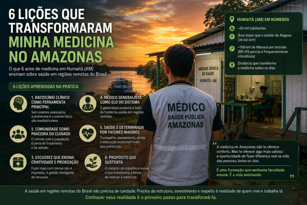 A imagem ilustra o artigo "6 Lições Que Transformaram Minha Medicina no Amazonas", que analisa como a experiência médica em Humaitá contribuiu para a compreensão dos desafios da saúde em regiões remotas do Brasil. O conteúdo aborda temas como escassez de recursos, distância dos serviços especializados, fortalecimento da atenção primária, determinantes sociais da saúde e gestão eficiente dos sistemas públicos de atendimento. A proposta é demonstrar como os aprendizados adquiridos no interior do Amazonas podem contribuir para o debate sobre saúde pública e organização dos serviços de saúde em outras regiões do país, incluindo o Sul da Bahia.