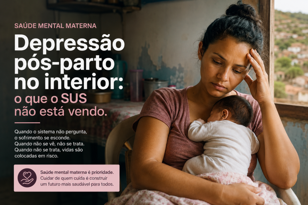 Imagem ilustrativa de uma mãe com seu bebê recém-nascido em casa, simbolizando a realidade da depressão pós-parto no interior da Bahia. A cena destaca os desafios da saúde mental materna, a importância do diagnóstico precoce e a necessidade de fortalecer o atendimento às mulheres no período pós-parto pelo SUS.