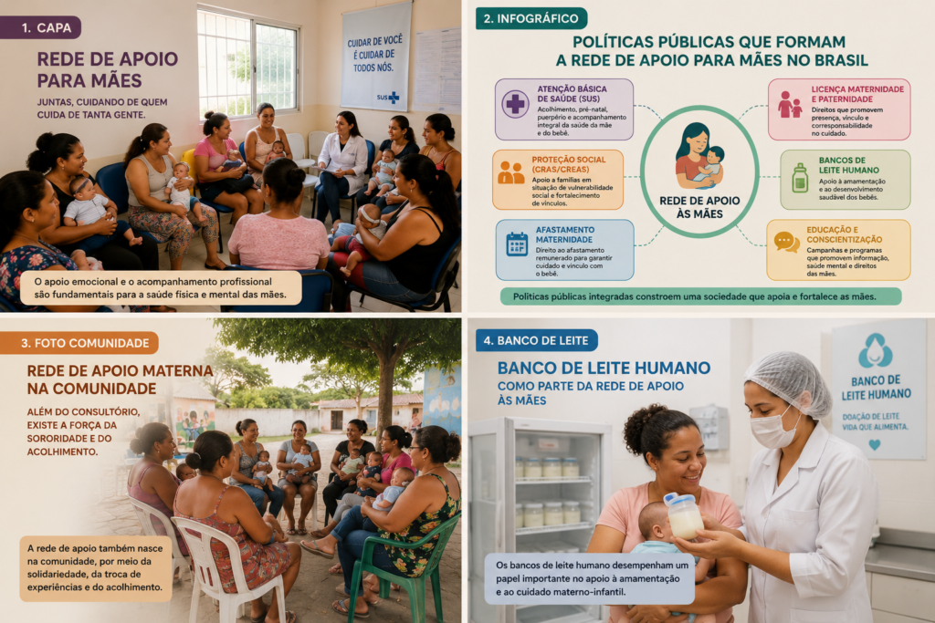 As imagens ilustram diferentes formas de rede de apoio às mães, incluindo unidades de saúde, programas públicos, ações comunitárias e bancos de leite humano. Esses recursos contribuem para a promoção da saúde materna, o fortalecimento da amamentação e o bem-estar das famílias brasileiras.