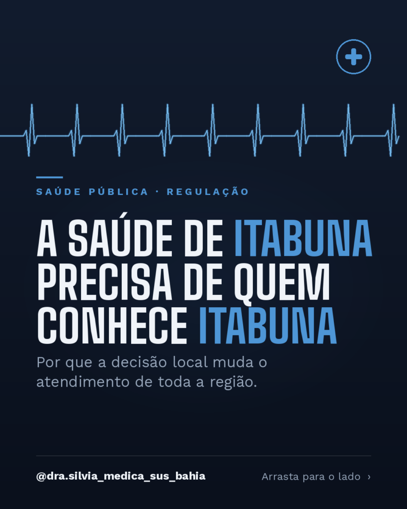 Card sobre regulação em saúde com a frase "A saúde de Itabuna precisa de quem conhece Itabuna" em fundo azul-escuro, linha de batimento cardíaco e o perfil @dra.silvia_medica_sus_bahia.